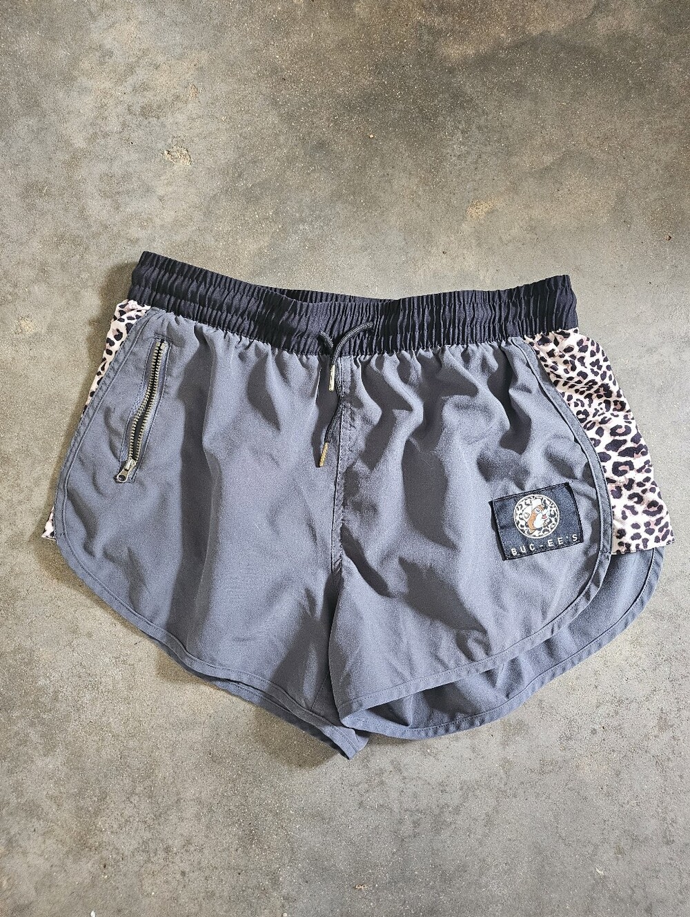 Buc-ee's Women’s Gray Athletic Shorts with Animal Leopard Trim Large